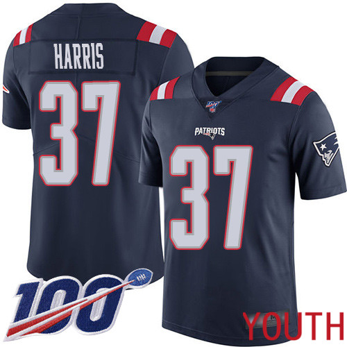 New England Patriots Football #37 100th Season Rush Limited Navy Blue Youth Damien Harris NFL Jersey->youth nfl jersey->Youth Jersey